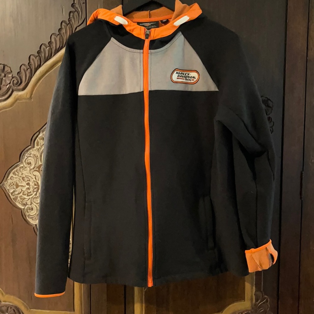 Hooded woman’s Harley jacket
